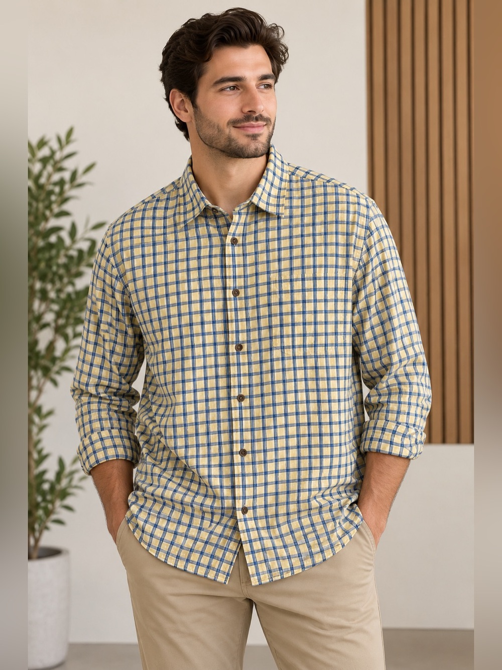High Sierra Men’s XL (46/48) Yellow Blue Plaid Cotton Button Down Shirt
